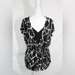 Black & White Abstract Print Wrap Dress with Buckle
